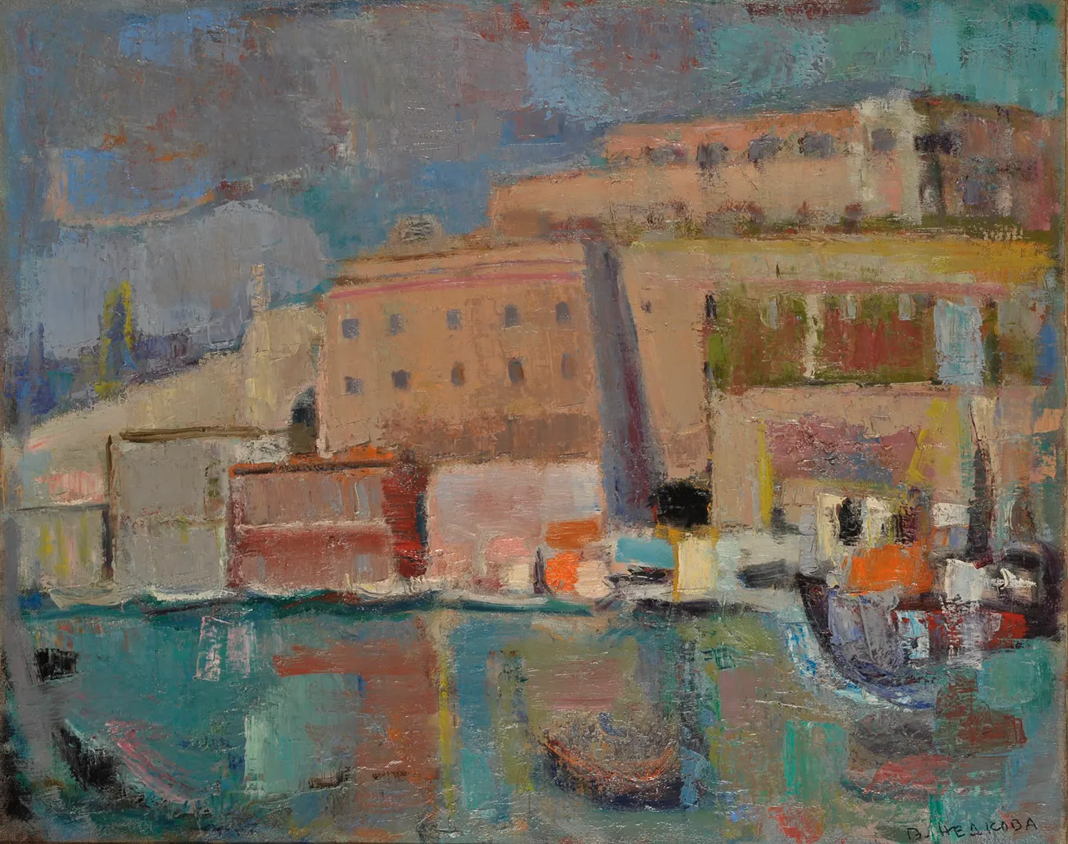 Malta, a 1973 oil painting by Bulgarian painter Vera Nedkova, showing a harbor with sand-colored fortress walls, small boats, and their reflections in teal water.