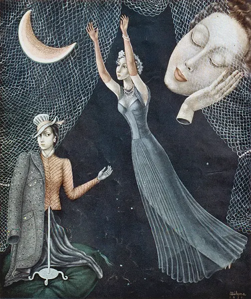 Hot Pink with Cool Grey, a Surrealist painting by Serbian painter Milena Pavlović-Barili, featuring a crescent moon, a giant sleeping face wrapped in netting, and two formally dressed figures reaching upward.