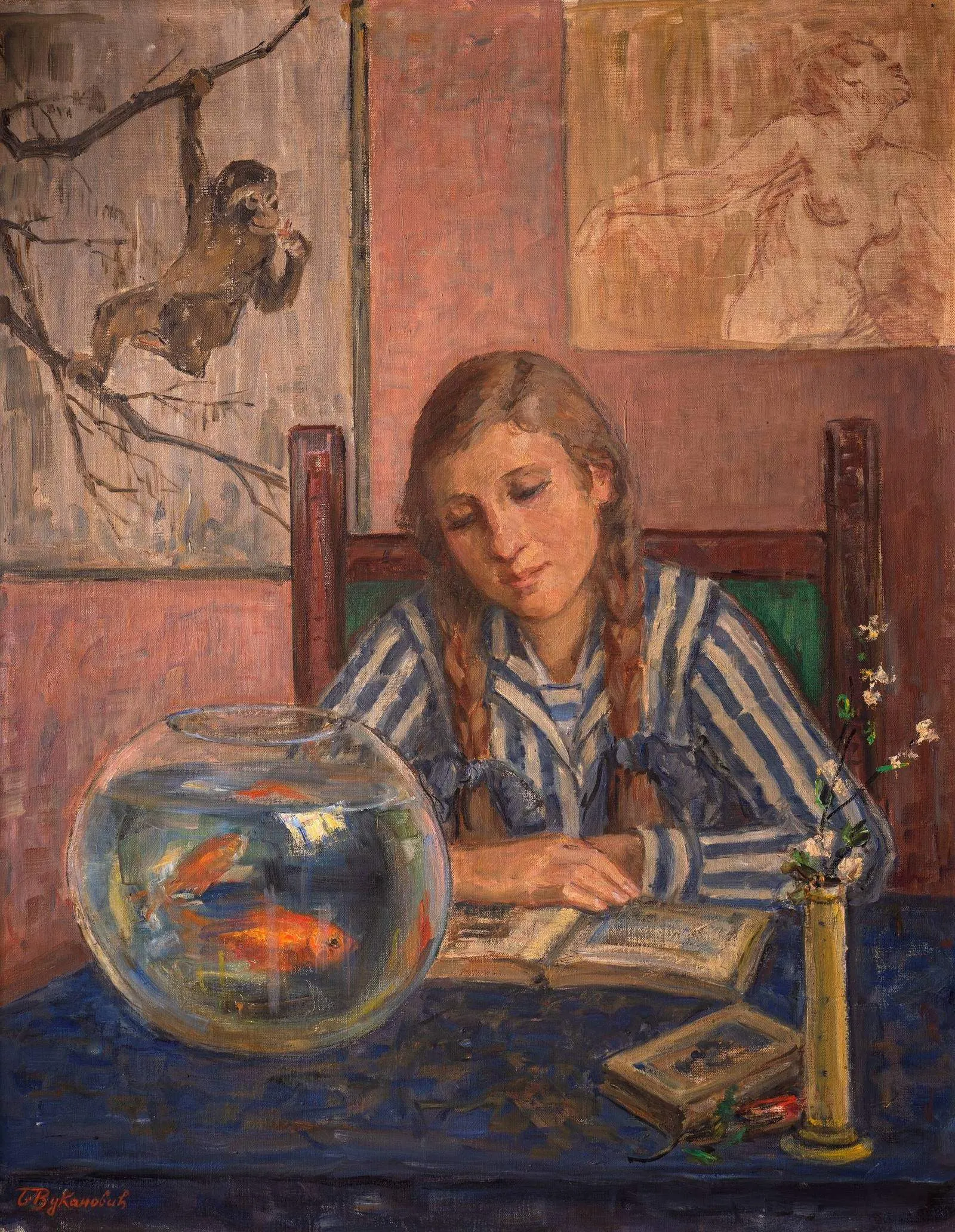 Zlatne ribice (Goldfish), an oil painting by Serbian impressionist painter Beta Vukanović, showing a girl reading at a table beside a bowl of goldfish.