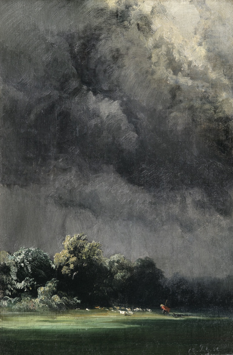 Oil painting of a shepherd and flock fleeing toward trees under a dark, storm-heavy sky, dwarfed by clouds taking up most of the canvas.